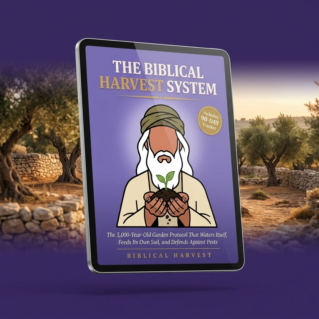The Biblical Harvest System on a tablet in an olive grove